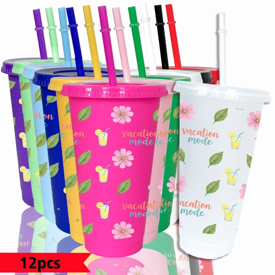 Confezione da 12 Bicchieri in Plastica Colorata da 26oz con Motivi di Fiori, Foglie Verdi e Limoni per Feste, Regali di Ritorno a Scuola e Compleanni
