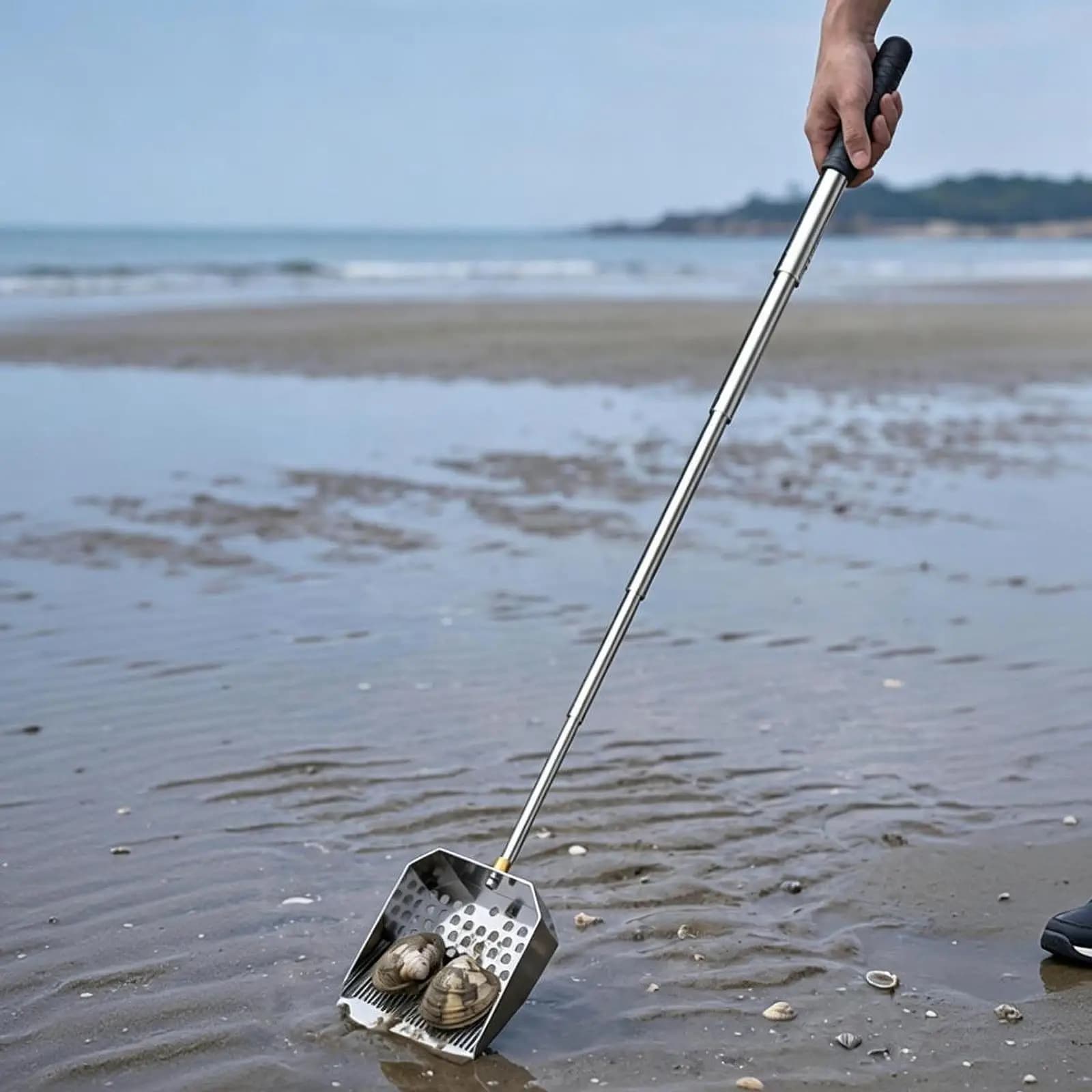 Practical Sand Scoop Dipper Ergonomic Stainless Steel Shovel for Beach Sifting Shell Collecting and Pet Waste Removal
