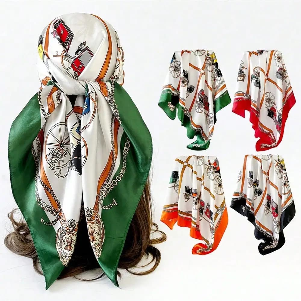 Sciarpa in seta 90x90 cm, foulard classico con stampa carrozza, sciarpa quadrata stampata, sciarpa in seta, tessuto liscio, foulard da testa, sacchetto per la conservazione, sciarpa decorativa e sciarpa per uso quotidiano