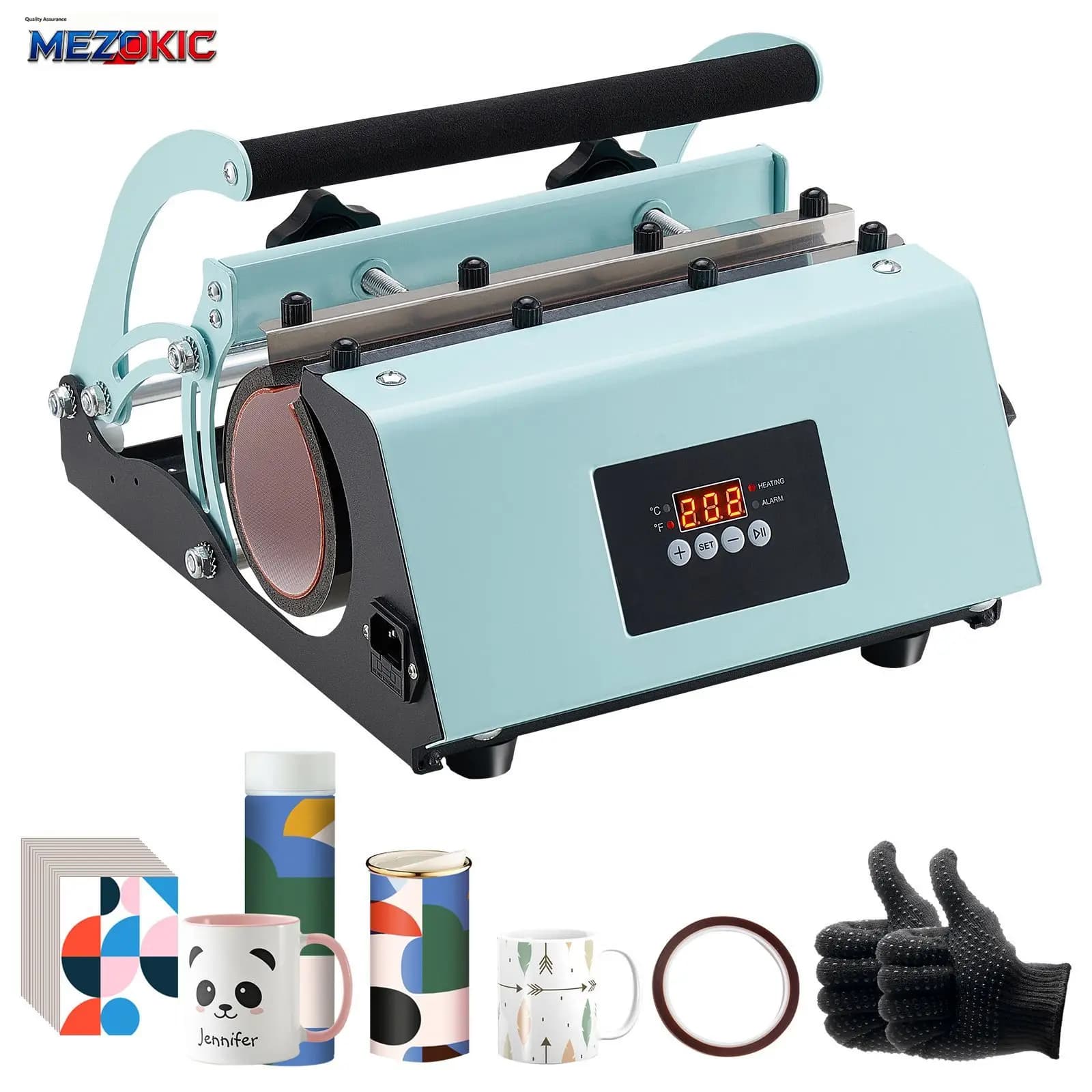 Tumbler Heat Press Machine, 11-30oz Mug Press, Heat Up Fast and Even, Tumbler Press with Sublimation Paper, Tape and Gloves, Temp and Time Setting, for Sublimation Tumblers, Cups, Mugs, Green