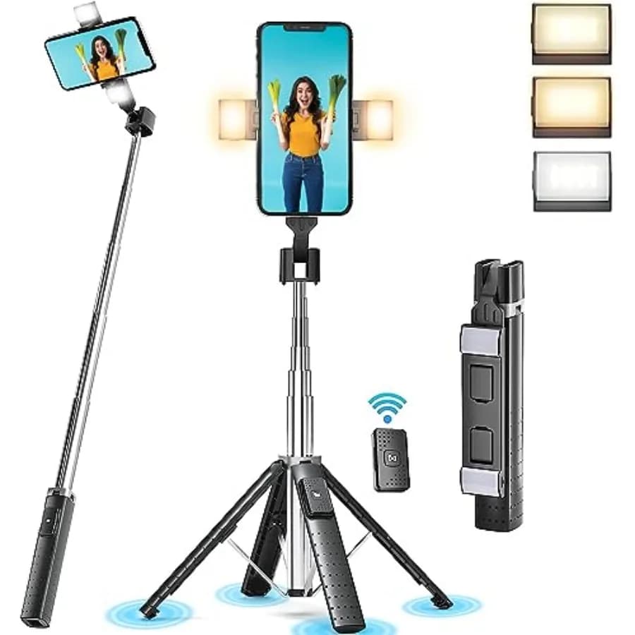 41" Selfie Stick Tripod Quadrapod with 2 Rechargeable Fill Light, Extendable Tripod with Bluetooth Remote, Stainless Steel, 3 L