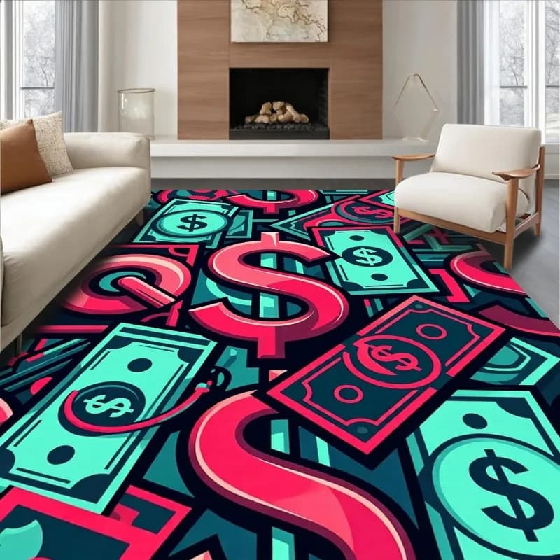 Tappeto con Stampa Vibrante del Simbolo del Dollaro, Morbido Tappeto Antiscivolo, Decorazione Audace a Tema Denaro per Soggiorno, Camera da Letto, Sala Giochi