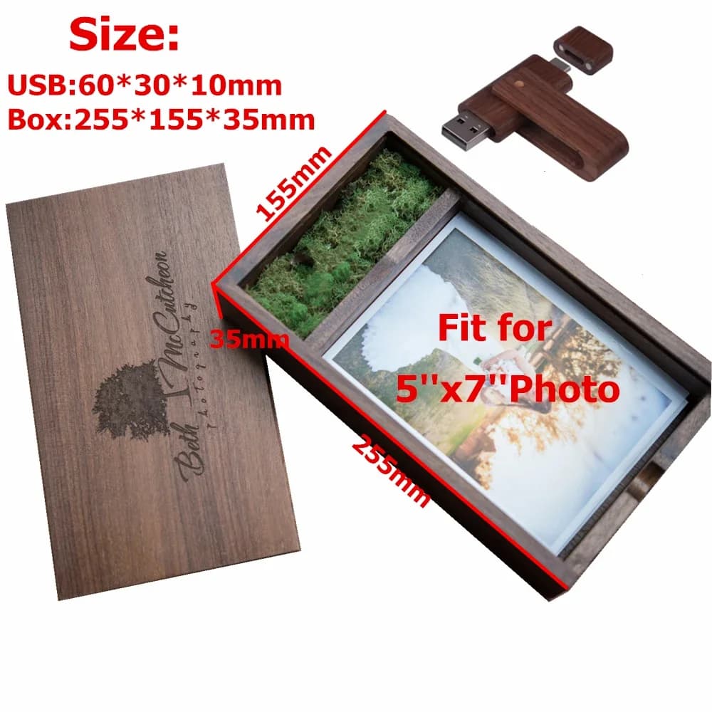 Scatola per album in noce con incisione laser personalizzata gratuita (25*15,5 cm) e chiavetta USB con interfaccia Type-C+USB da 16GB 32GB