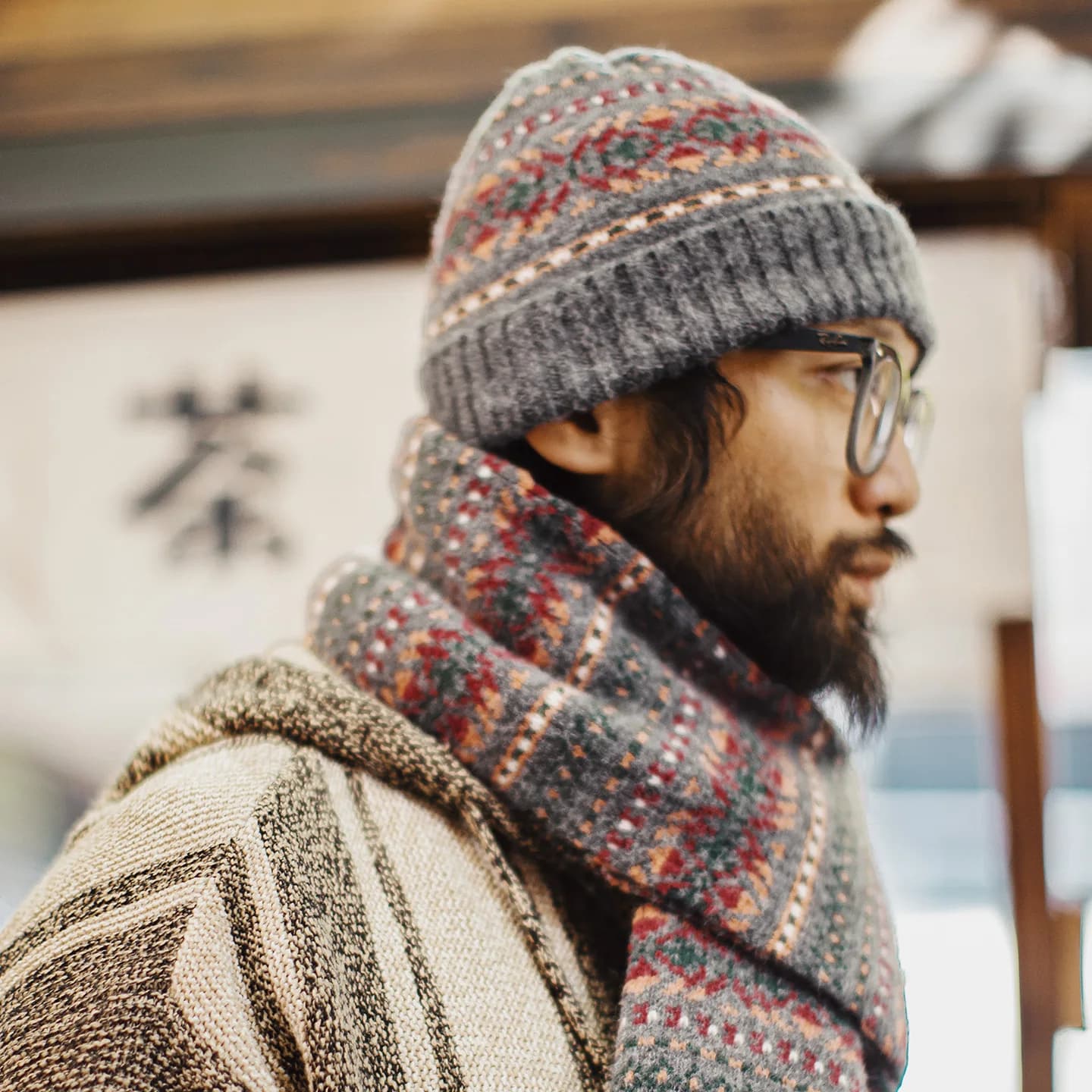 Maden Set scarf and cap unisex vintage Fair Isle Windproof hat Scarf knitted pattern Winter accessories Hot mesh Gift perfect