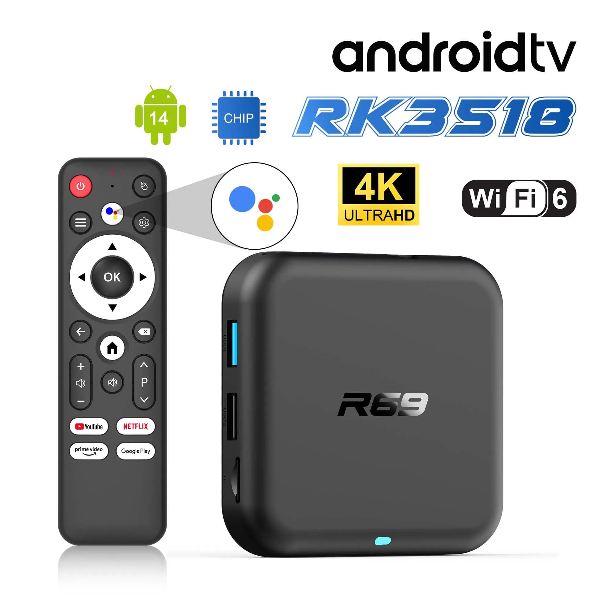 2025 Smart TV Box R69-1 Rockchip 3518 TV Box HDR 10 Ultra HD 4K AndroidTV 14 Supporto Wifi6 BT5.0 Nuovo Set Top Box