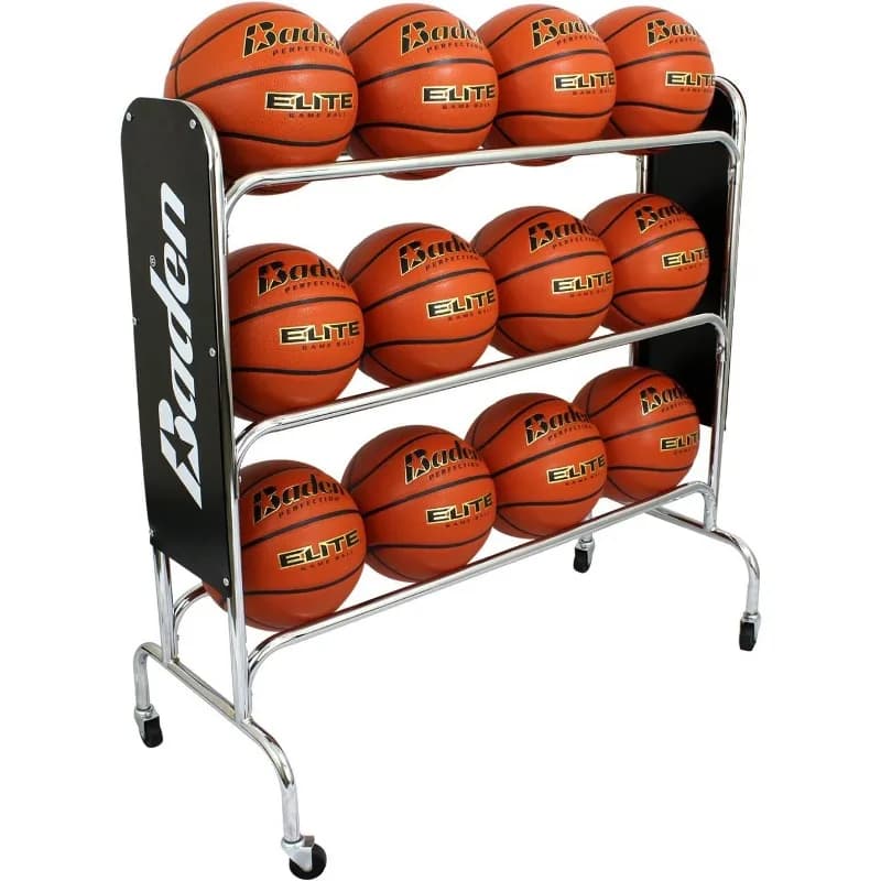 Rastrelliera per Palloni da Basket Baden in Acciaio con Ruote – Porta Palloni a 3 Livelli con Blocco Ruote per Garage, Supporto per 12 Palloni