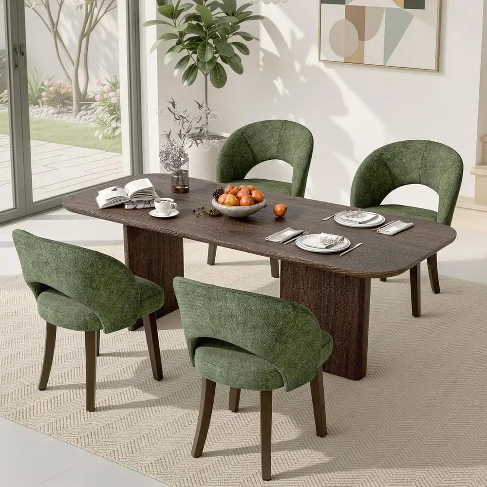Set di 4 Sedie da Pranzo Moderne con Gambe in Legno Massello, Design con Schienale Curvo, Sedute Imbottite, Verde
