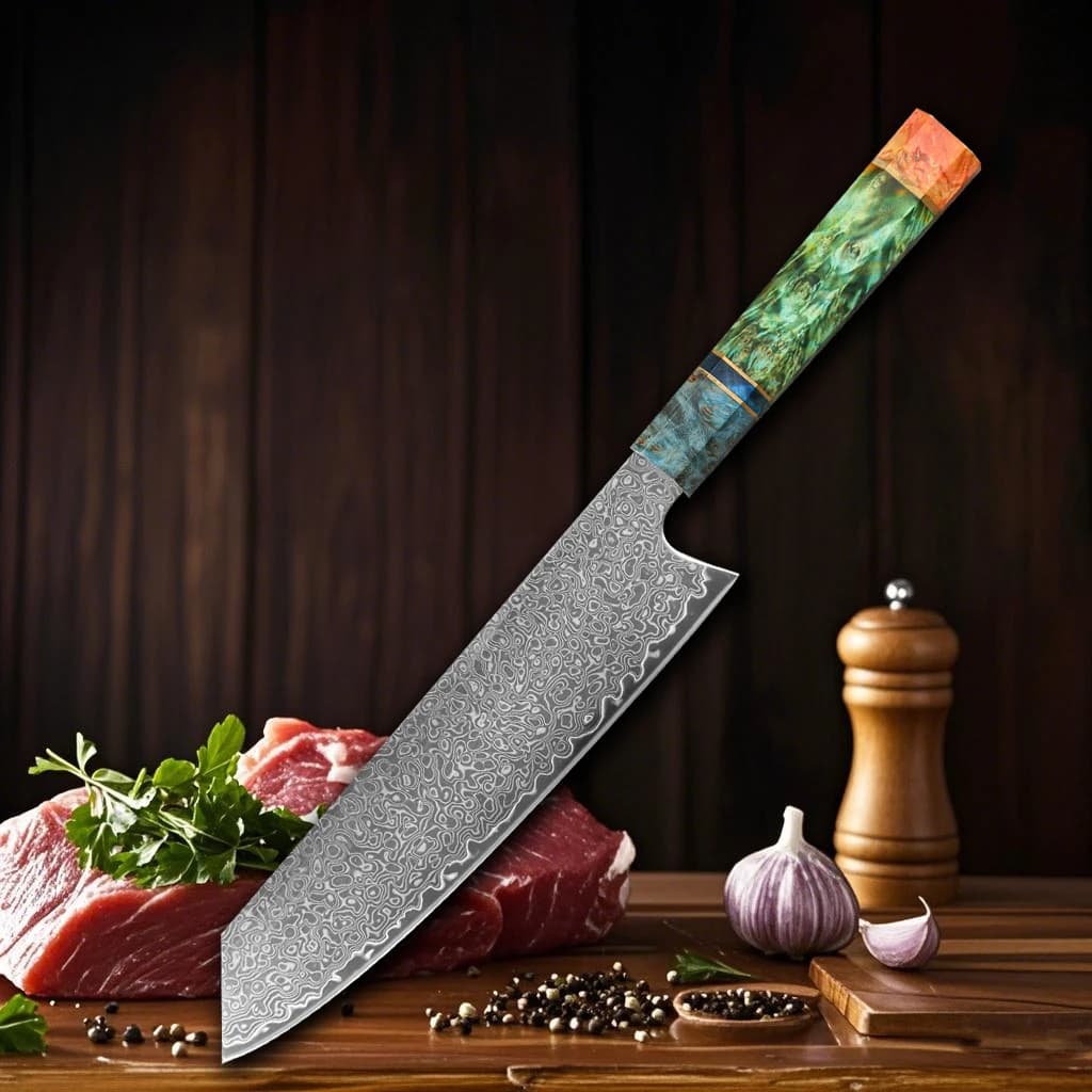 Coltello da Chef 8 Pollici, 67 Strati in Acciaio Damasco VG10, Manico in Legno Colorato Stabilizzato, Coltello Professionale Giapponese Kiritsuke