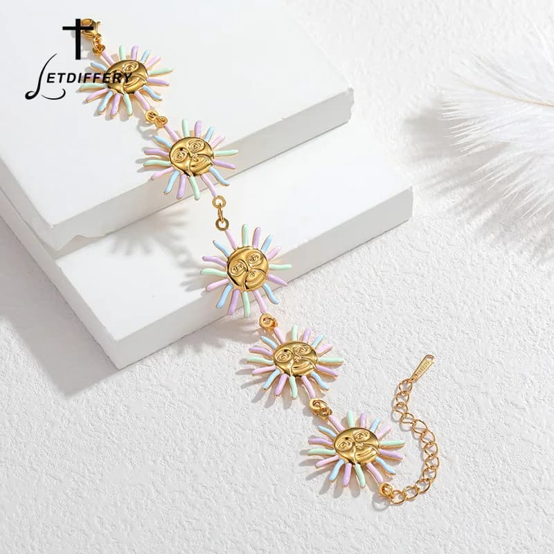 Bracciale Letdiffery Fashion con Volto di Sole Colorato per Donna, in Acciaio Inossidabile con Smalto Arcobaleno, Gioiello Statement