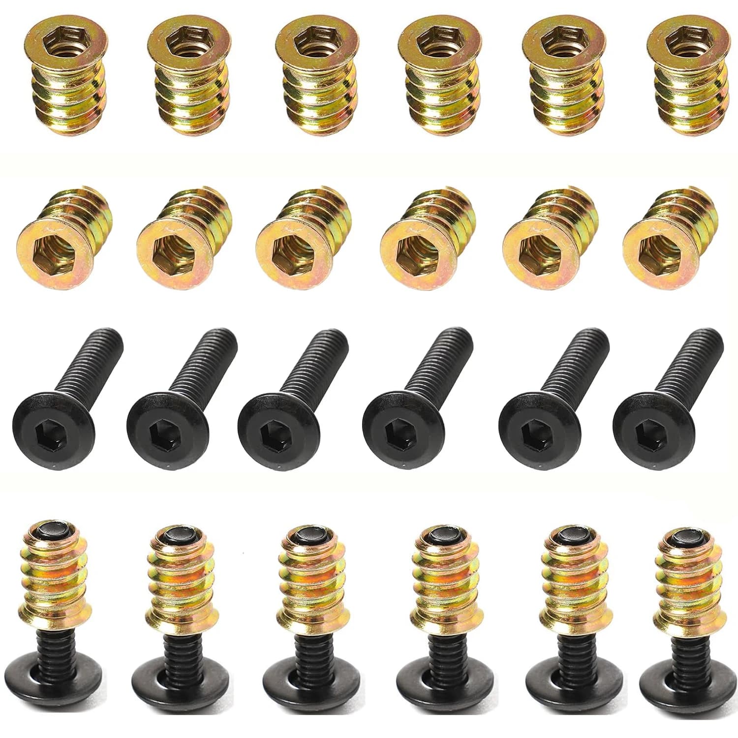 Wooden Furniture Screws with 8/16pcs Thread Inserts - M6/M8 Inserts and M6/M8 Bolts with Hexagonal Drive, Available in Various S