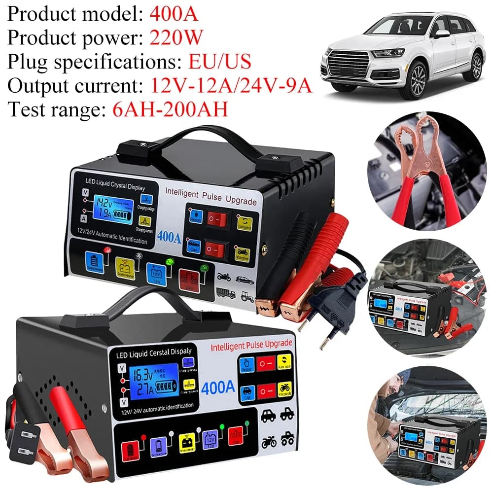 Caricabatterie rapido ad alta potenza per batteria 400A Caricatore automatico per riparazione a impulsi intelligente per auto 12V/24V Display LCD Carica batteria auto-stop
