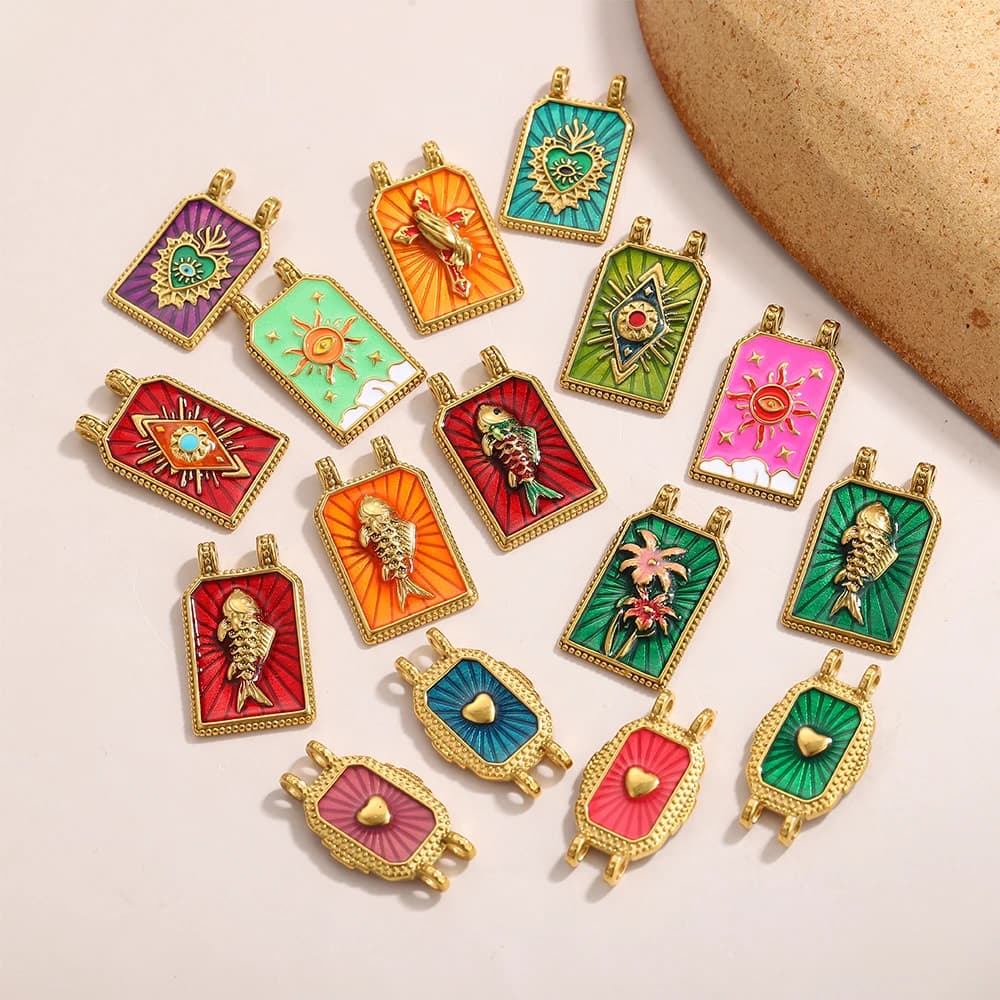 Ciondolo Quadrato in Acciaio Inossidabile Francese Smaltato con Carte dei Tarocchi, Charms Fai da Te, Collana da Donna con Occhio d'Amore in Pietra Colorata, Gioielli Aquila