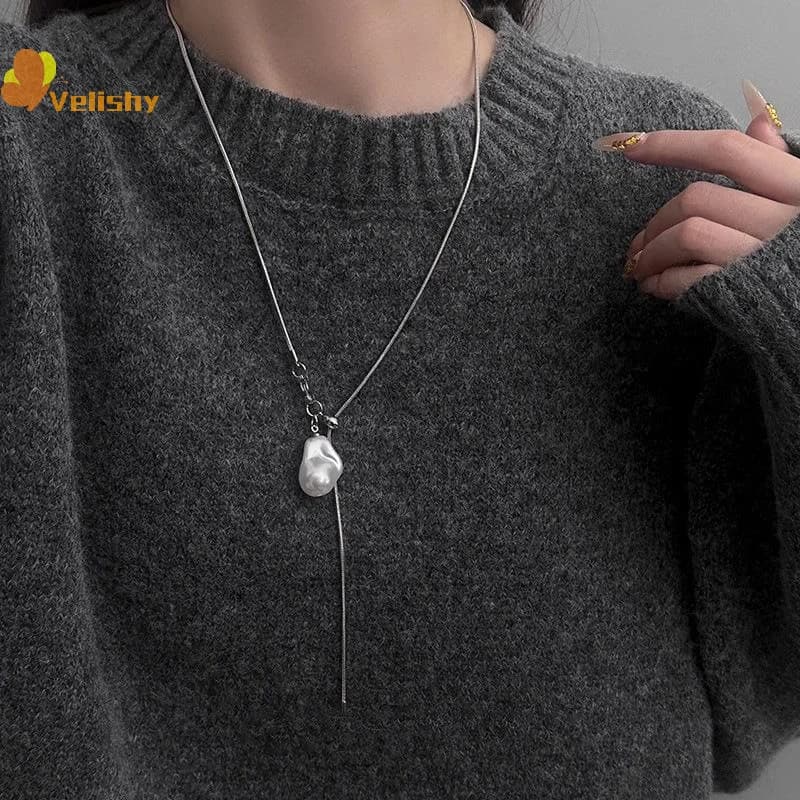 Perle lunghe in acciaio inossidabile con collana di perle barocche per donna Accessori per maglioni a catena regolabili Gioielli di moda