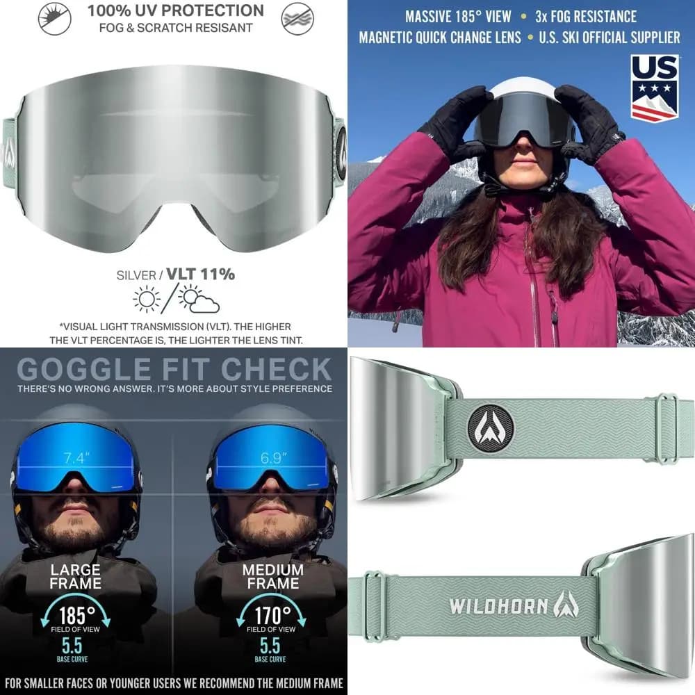 Campo visivo ultra ampio 185 ° Occhiali da sci, antiappannamento e resistenti ai graffi, protezione UV al 100% per uomo e donna