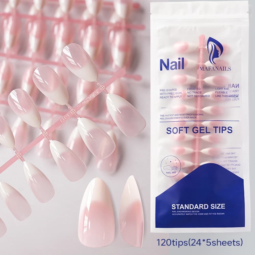 120 pz Nude Rosa Gradiente Stampa sulle Unghie Ultra-Tender Gel di Mandorle Unghie Finte Semplice Copertura Completa Rosa Bianco Francese Punte per Unghie Finte #