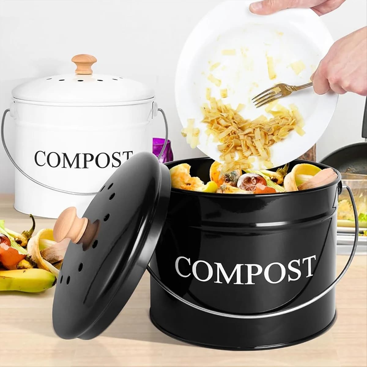 Contenitore per compost da cucina 2025+ per piano di lavoro della cucina, secchio per compost da 1 gallone per cucina con coperchio, nero