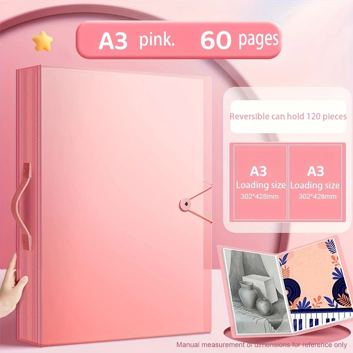 Portable A3 Art Portfolio Book with Carry Handle, 60 Pocket Display Folder Holds 120 Artworks,Waterproof Sketch Drawing Painting
