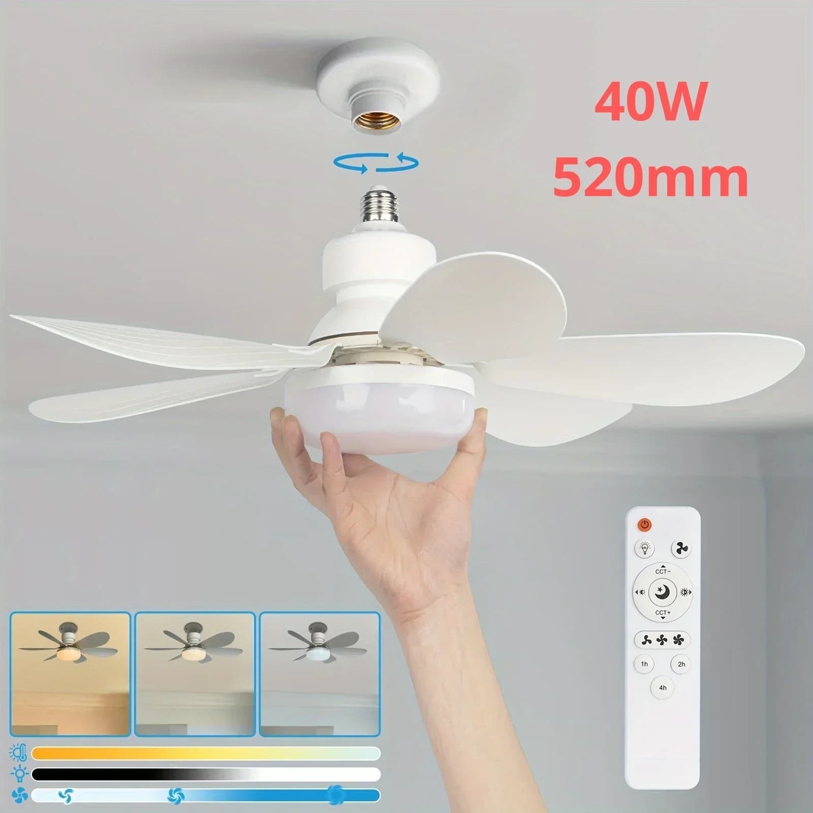 Ventilatore con presa con telecomando, piccolo ventilatore da soffitto da 20,5 pollici con LED, ventilatore a vite senza fili E26/27 per cucina, camera da letto, piccola stanza
