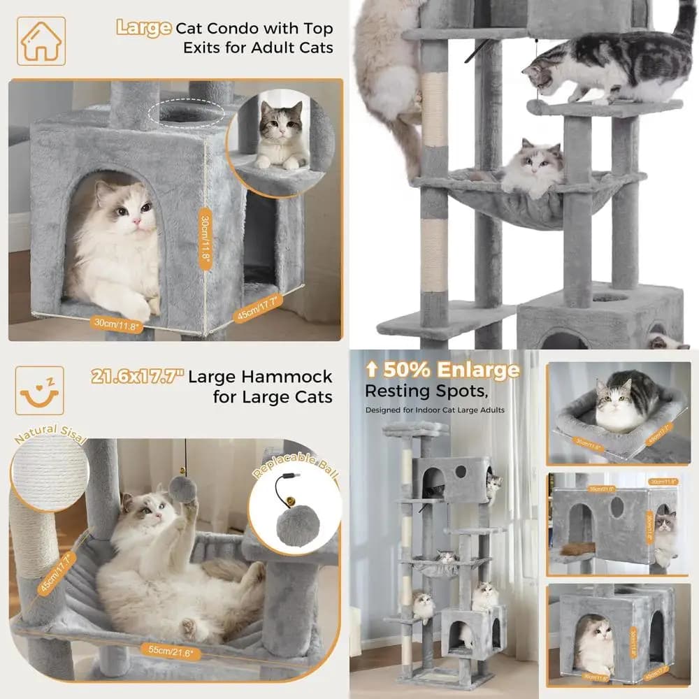 Grande Torre per Gatti 72 con Amaca Espandibile, Condominio Spazioso e Letto Ampio per Gatti da Interno Grandi - Grigio, Extra Large