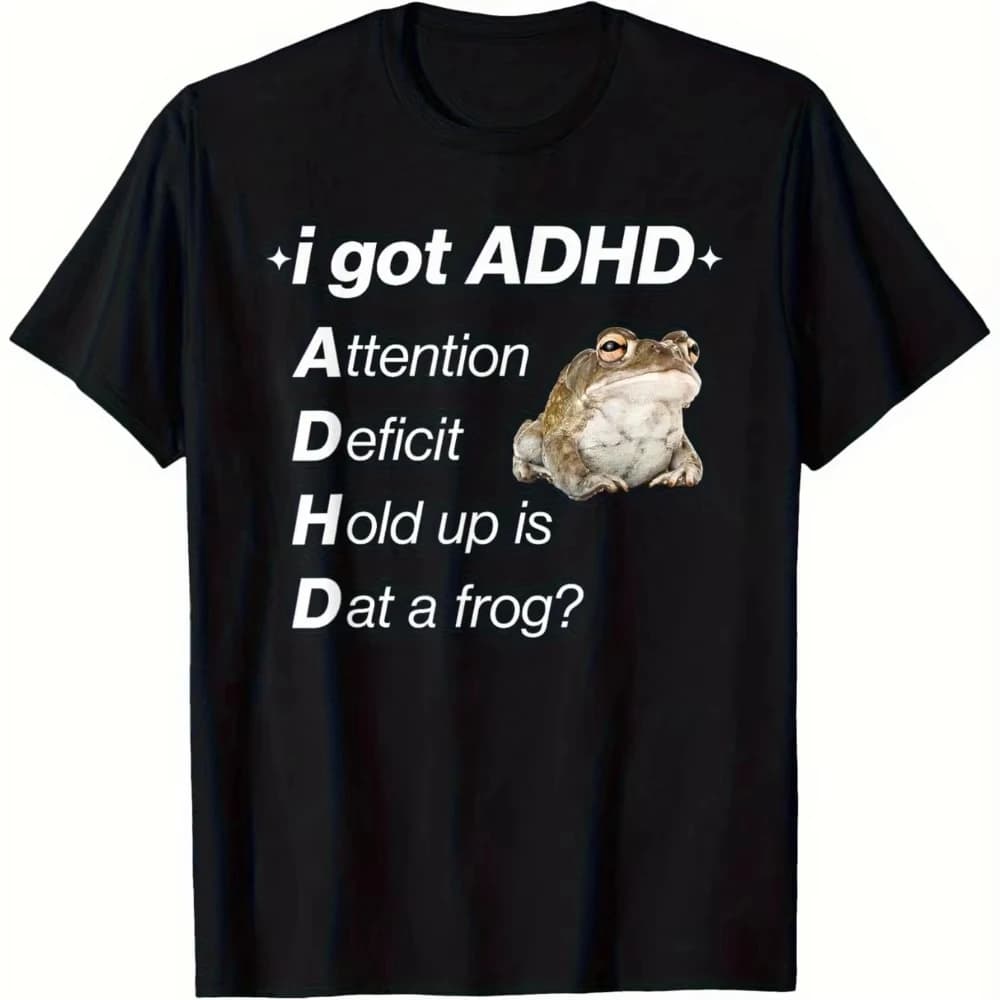 T-shirt da uomo divertente con grafica rana ADHD, nera, casual, girocollo, manica corta, in morbido tessuto misto, perfetta per sport e intrattenimento all'aperto