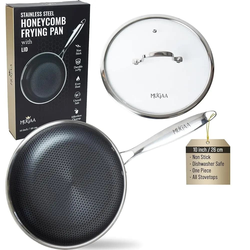 Padella in Acciaio Inossidabile da 10 Pollici - Padella Ibrida Antiaderente a Nido d'Ape con Coperchio - Compatibile con Induzione - Lavabile in Lavastoviglie - Adatta al Forno