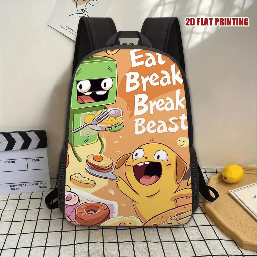 1 Elegante Zaino Breakfast Buddy Parade - Stampa di cibo a cartoni animati vivaci, Borsa per studenti in poliestere leggero, Regolabile e rimovibile