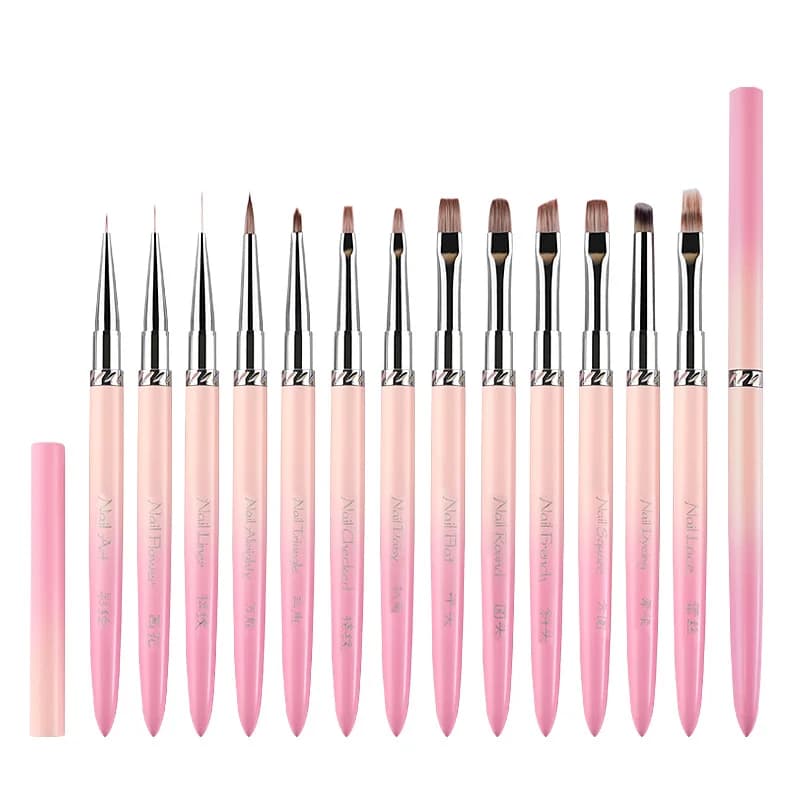 Pennelli per nail art con manico sfumato rosa, 13 modelli, per linee di manicure, pittura sfumata, gel UV, estensione e disegno.