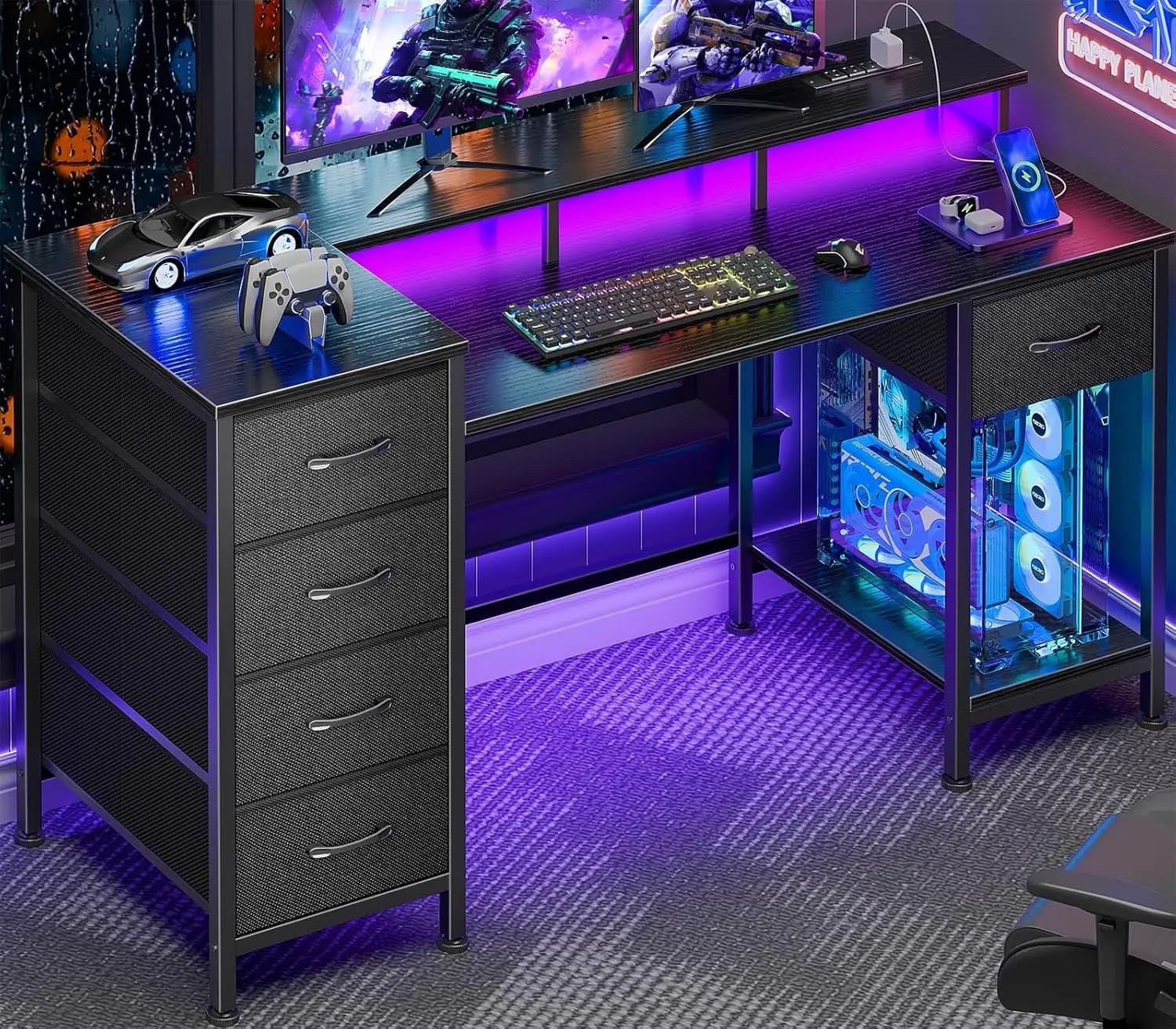 Scrivania da Gaming 47 Pollici con Prese di Corrente, Luci LED, 5 Cassetti in Tessuto Reversibili, Supporto Monitor, per Casa e Ufficio, Nera Personalizzabile