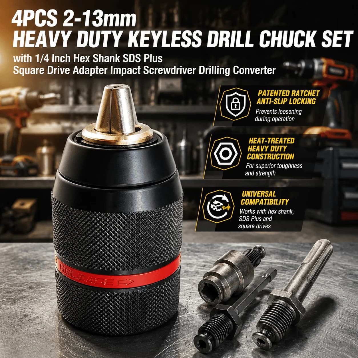 Keyless Drill Chuck Impact Drill Adapter SDS Plus Chuck Heavy Duty Drill Chuck Set Hex Shank Adapter 13mm Chuck Power Tool Accessories Patented Anti-Slip Locking Heat-Treated Maximum Clamping Force Quick Change 1050W+ Drills Professional Contractor Grade