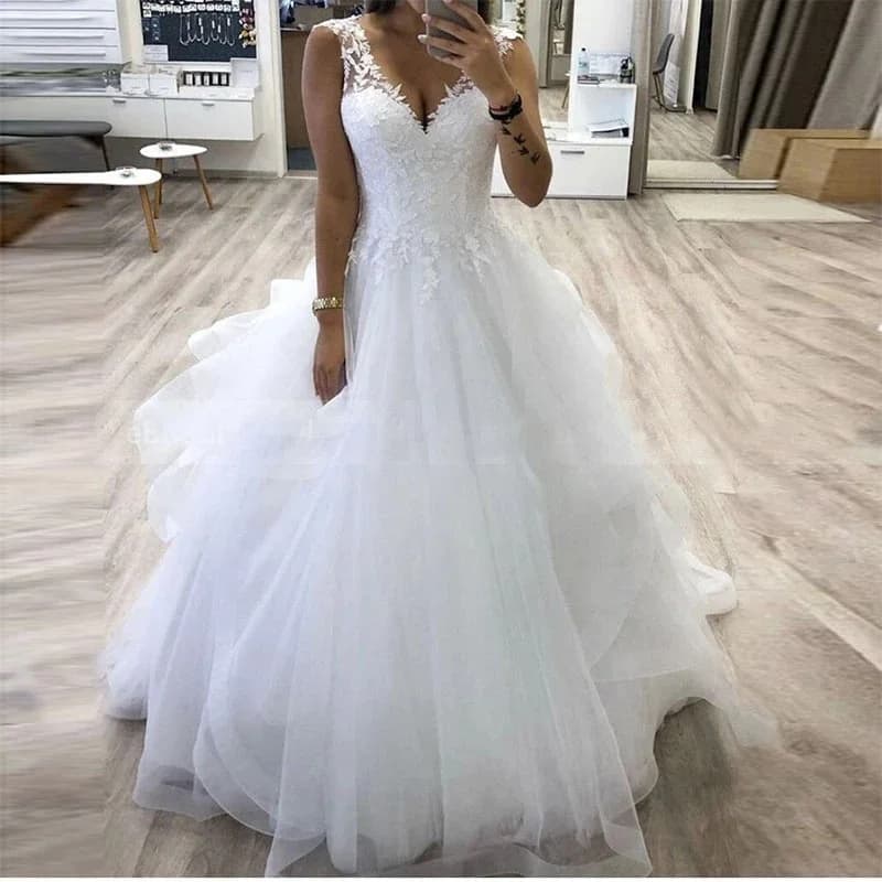 Abiti da sposa personalizzati A Line da donna Tulle con scollo a V Appliques Abiti da sposa Formale Vestido De Noiva robe mariage