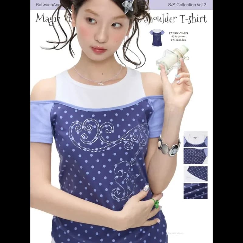 Women's Y2K Polka Dot Off-shoulder T-shirt Rhinestone Vine Print Fake Two Piece Top