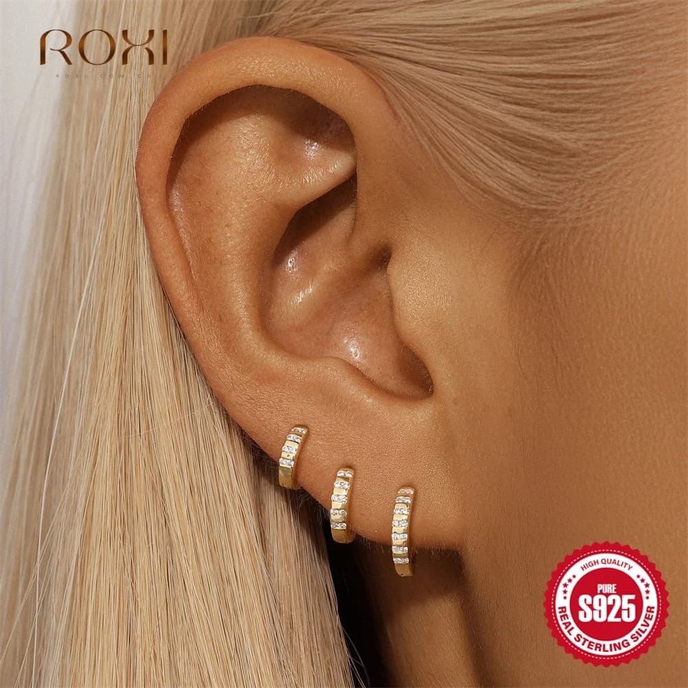 ROXI 925 Sterling Silver Classic Double Row Spaced Diamond Studded Earrings For Women Multi-size Fine Jewelry Party Gifts