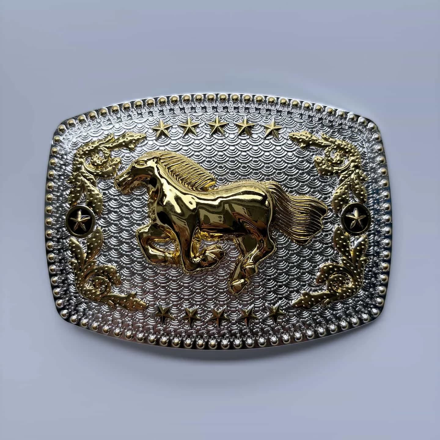 Bright Silver With Gold Running Horse Rodeo Star Cowboy Cowgirl Rectangle Belt Buckle Hebilla Gurtelschnalle Boucle de ceinture