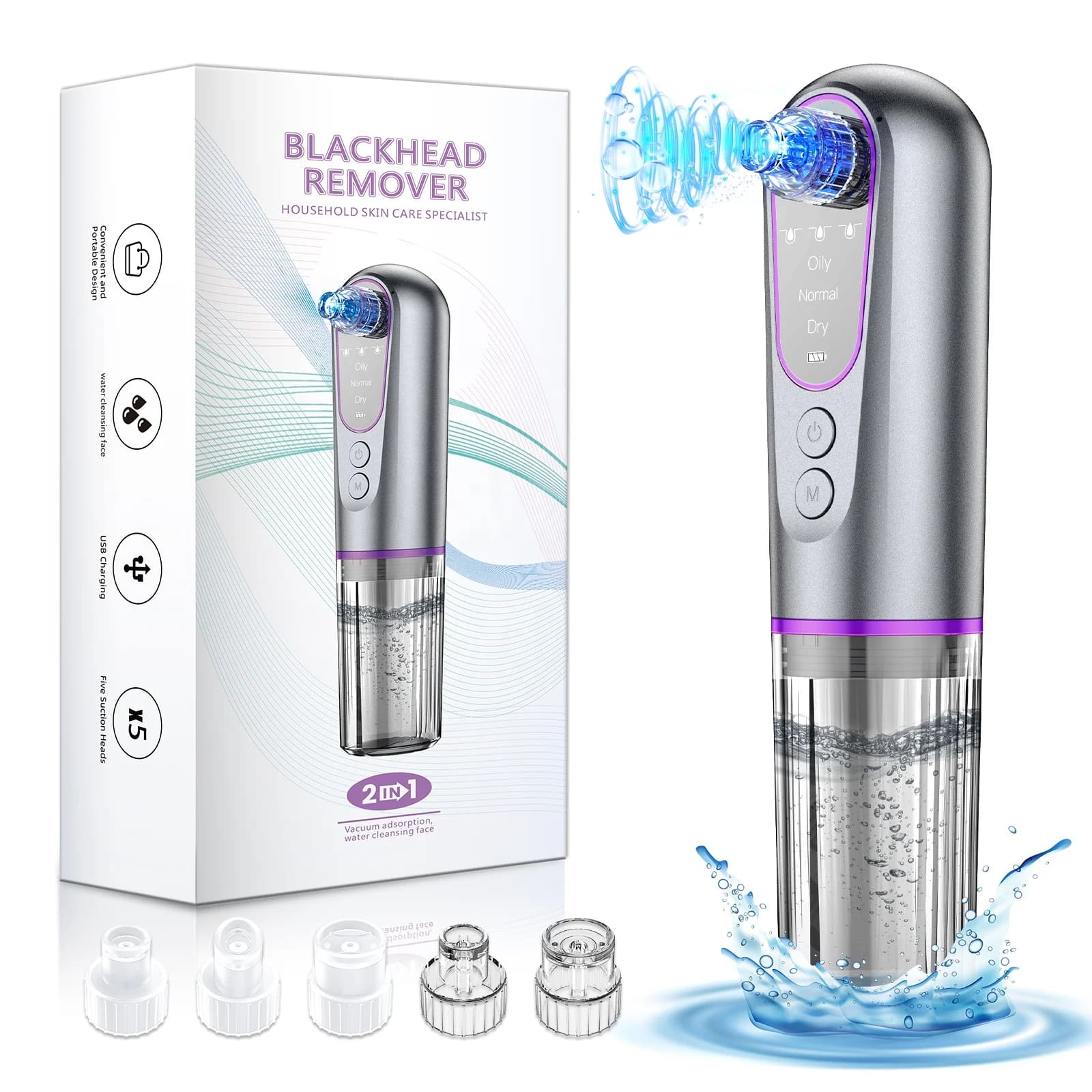 Dispositivo Elettrico per la Pulizia del Viso con Microbolle, Ciclo d'Acqua, Aspiratore per Punti Neri e Acne