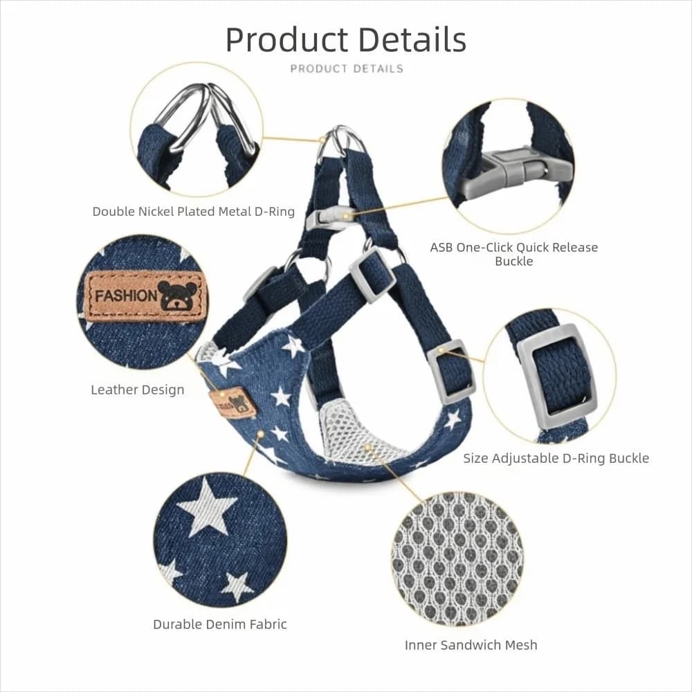 Set Pettorina e Guinzaglio Regolabile per Cani, in Denim Traspirante, Stile Gilet, Anti-Fuga