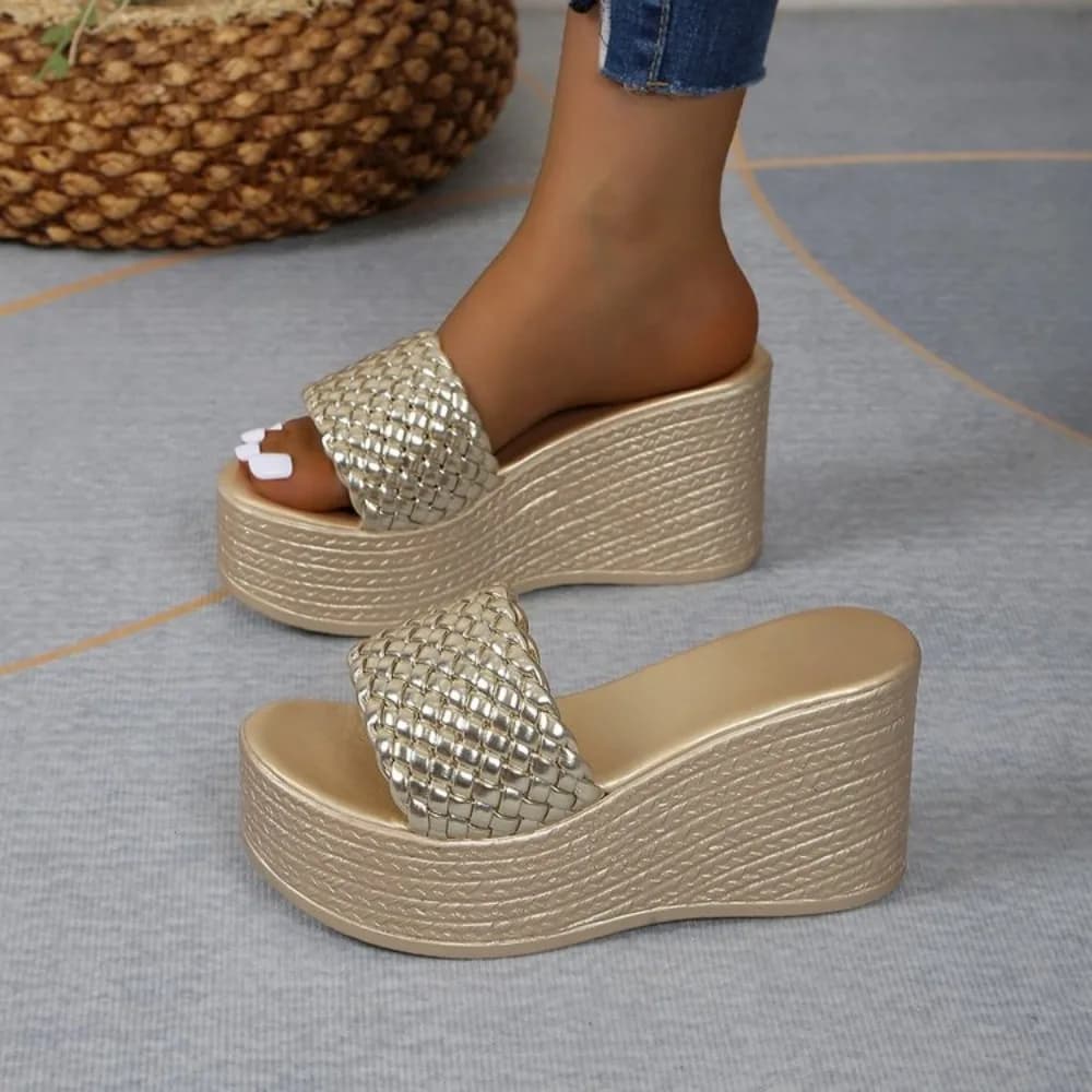 Sandali Estivi Donna con Zeppa, alla Moda, Dorati, Punta Tonda, Suola Spessa, Scarpe da Spiaggia, Misura 35-43, Ciabatte con Zeppa per Donna