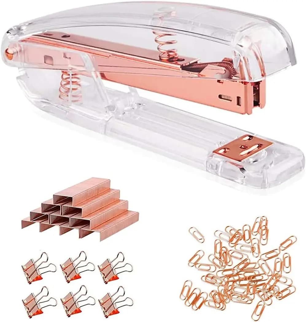 Set di Graffette da Scrivania in Acrilico Oro Rosa con 1000 Graffette, 6 Fermagli e 50 Clip per Carta, Ideale per Casa, Ufficio e Scuola