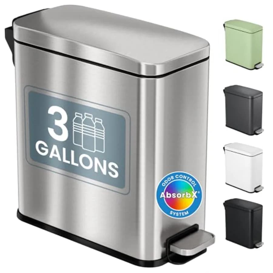 Cestino per Rifiuti da 11,5L (3 Galloni) per Bagno con Coperchio, Deodorante, Apertura Soft-Step, in Acciaio Inossidabile, Sottile, Argento