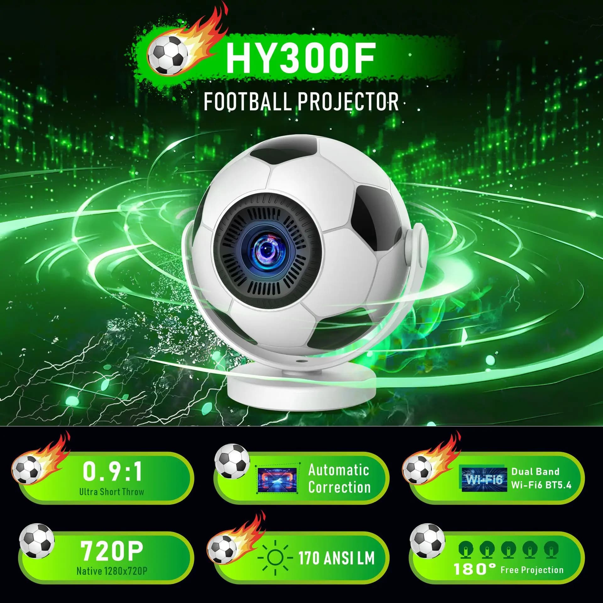 Nuovo Proiettore da Calcio HY300F 720P Android 14 a Ottica Ultra Corta, Mini Proiettore Portatile per Casa, Proiettore Smart Home