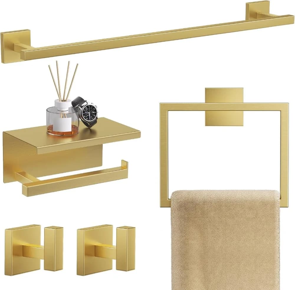 Set di accessori per il bagno in oro spazzolato da 5 pezzi, portasciugamani in acciaio inossidabile SUS304 e porta carta igienica quadrato con ripiano