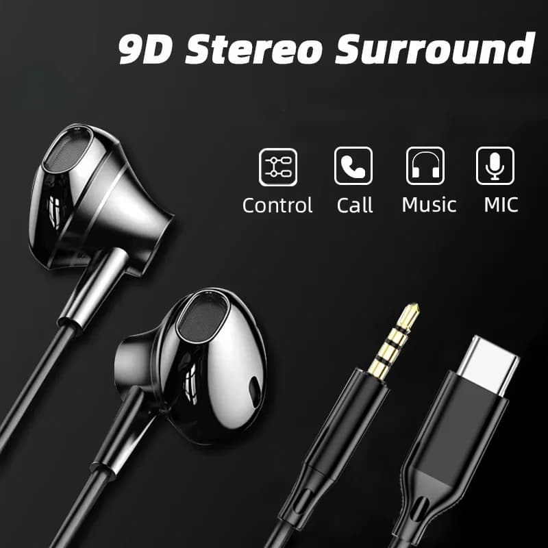 Wired USB Type C stereo surround HiFi 9D headphones with volume control microphone 3.5 mm wired earphones for smart phone laptop