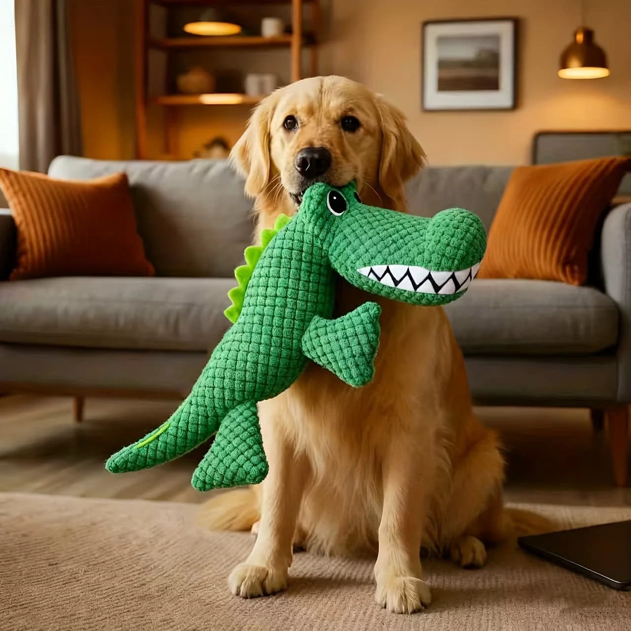 Giocattolo stridulo in peluche per cani da 1 pezzo, coccodrillo realistico, morbido e inodore, giocattolo da masticare in tessuto a doppio strato, dentizione sicura, cigolante