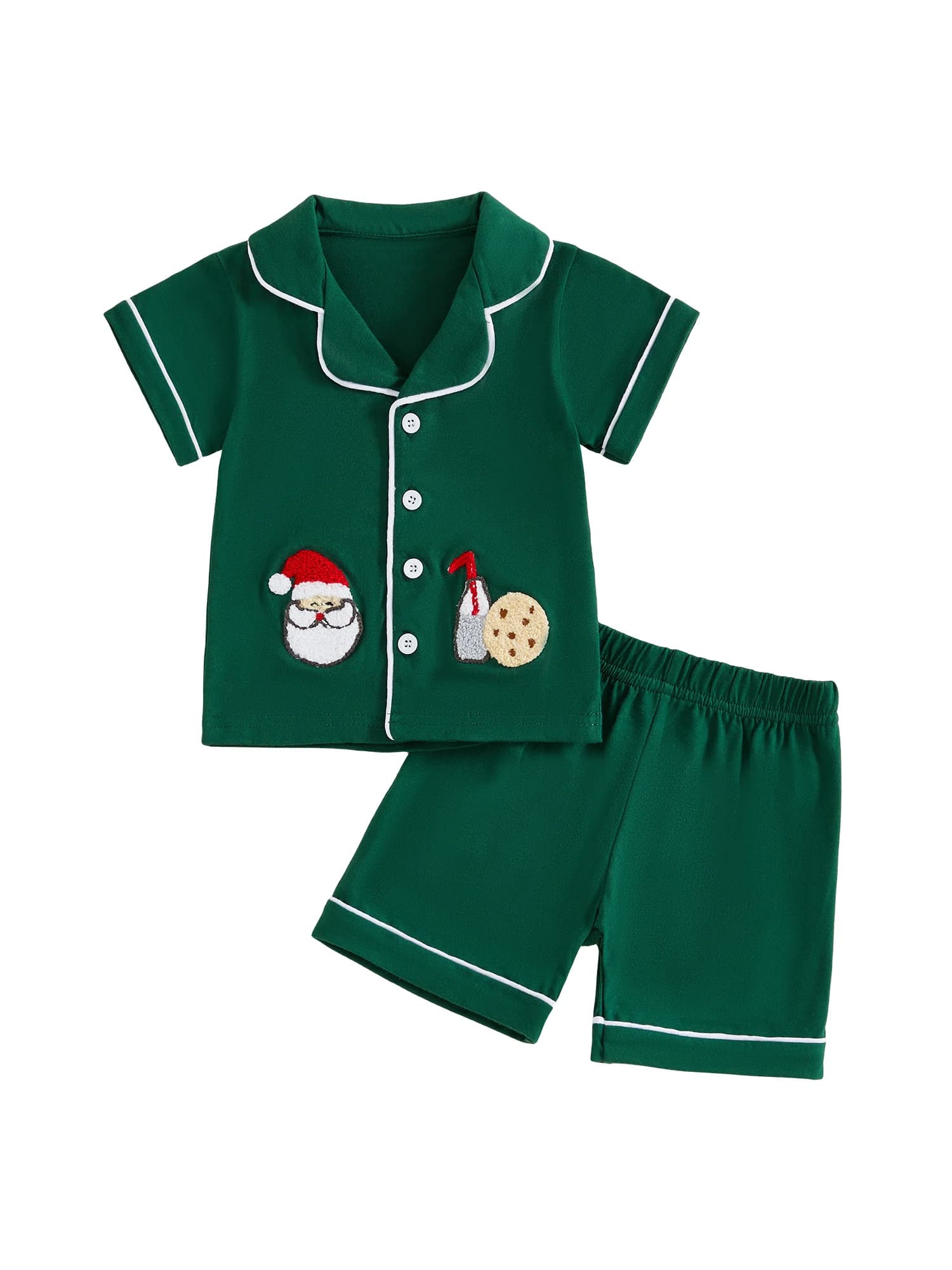 Pigiama natalizio per bambini con camicia abbottonata ricamata a maniche corte con Babbo Natale e pantaloncini comodi per ragazze e
