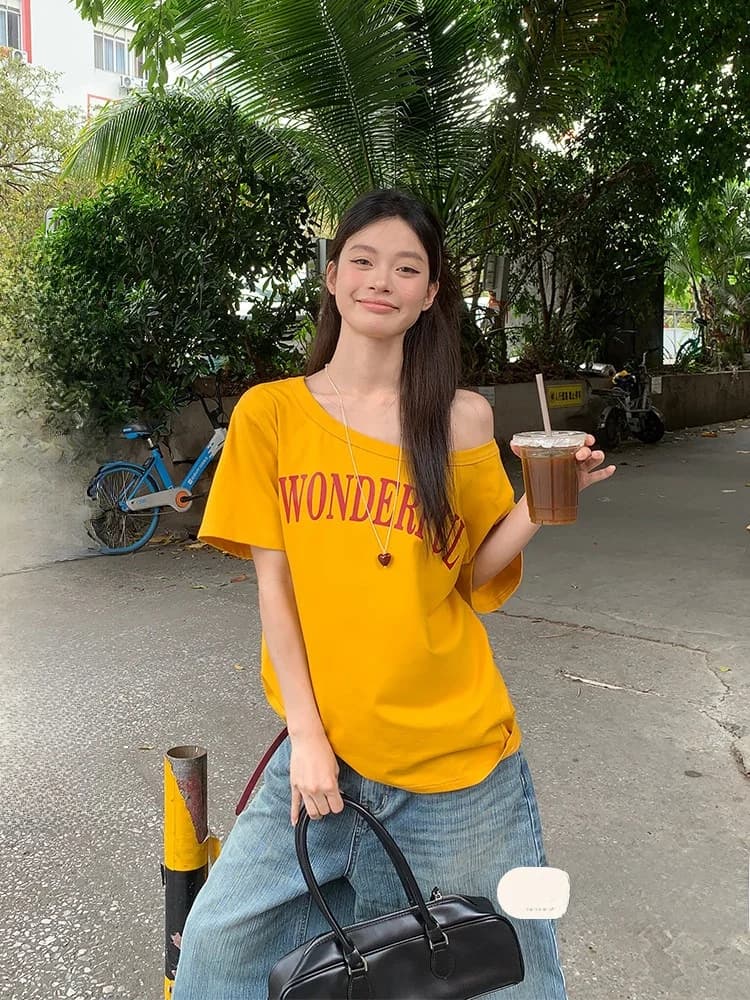 Yellow Shoulder Bared Short Sleeve T Shirt Women's Summer Loose Lazy Style Casual Fashion Print Commute Style Korean Version
