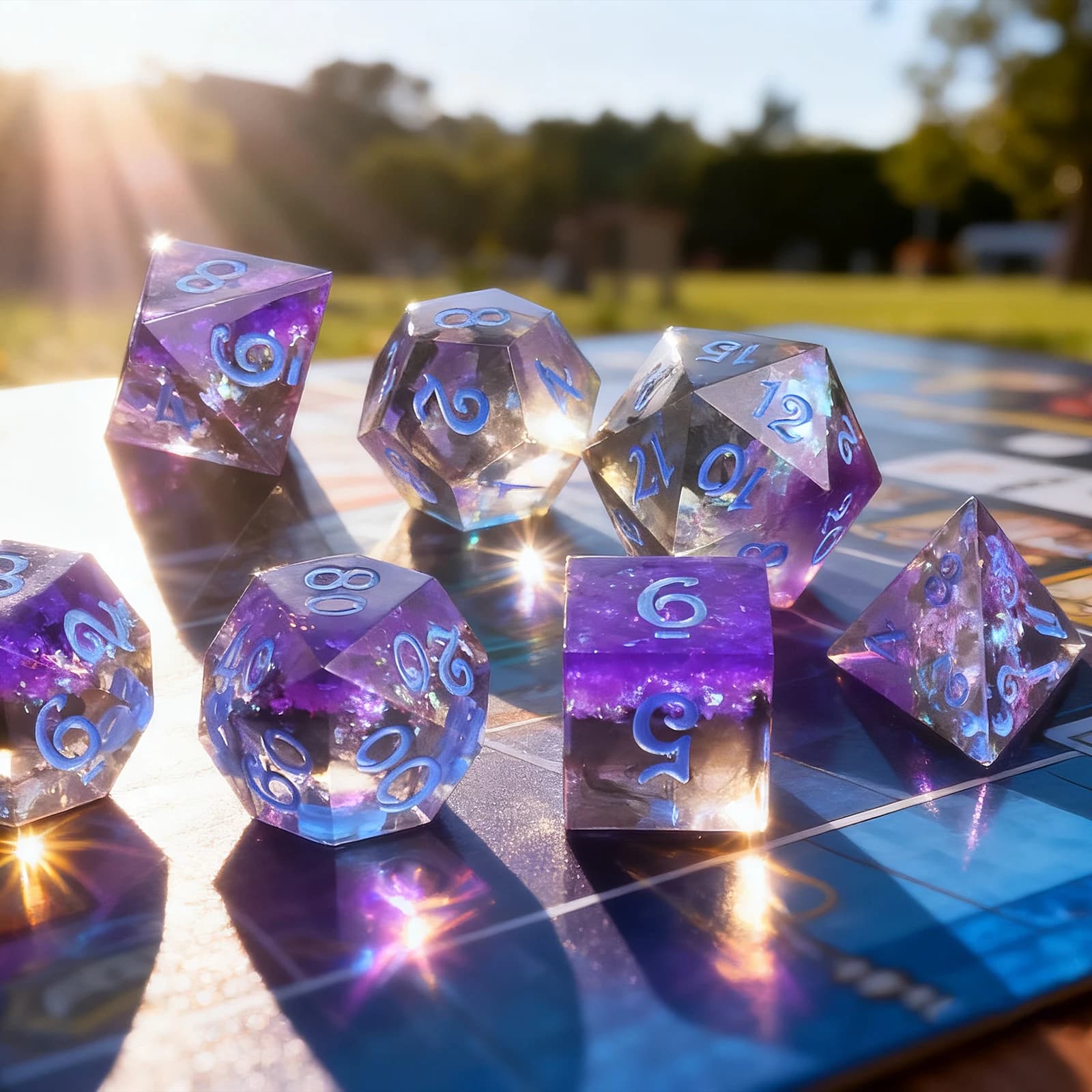 Set di dadi poliedrici con cielo stellato viola trasparente da 7 pezzi – Per Dungeons & Dragons (D&D) e altri supporti da tavolo stranieri