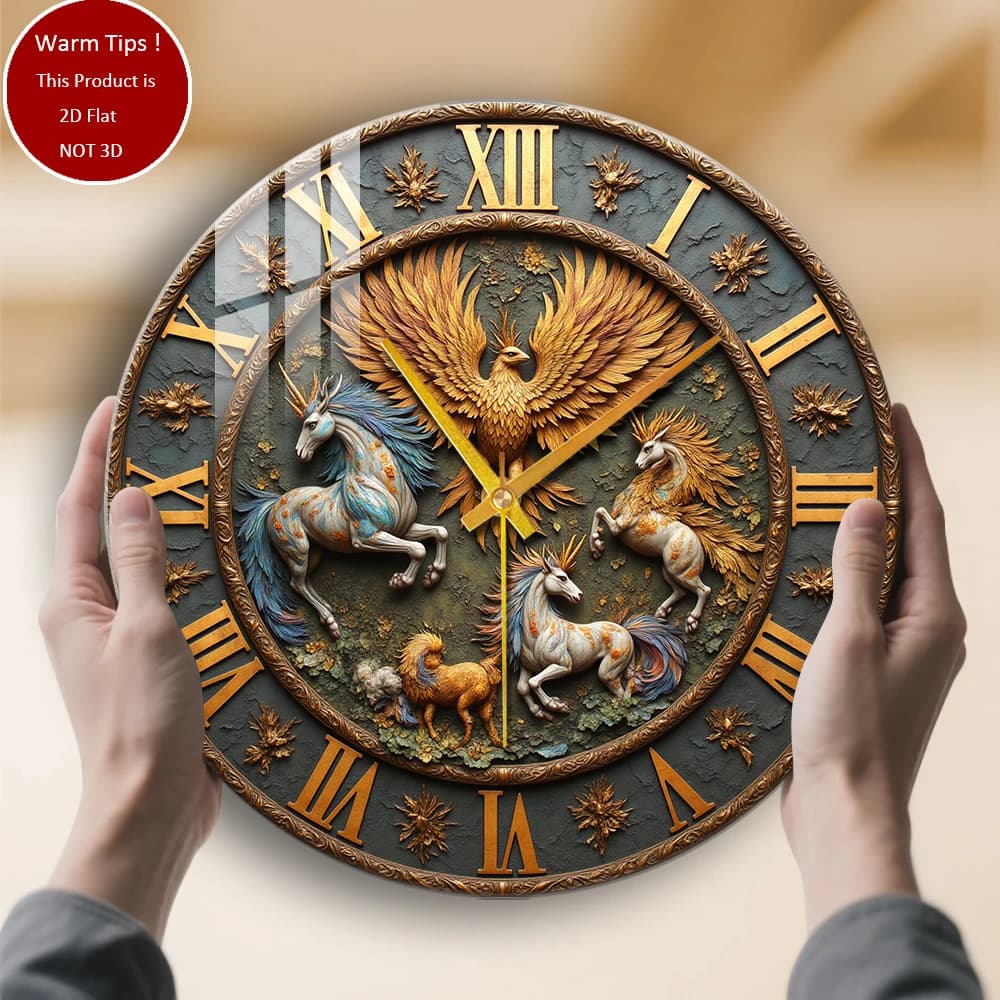 Tempered Glass Wall Clock Mythical Clock with Phoenix unicorns suitable for wall decorations or table displays everywhere