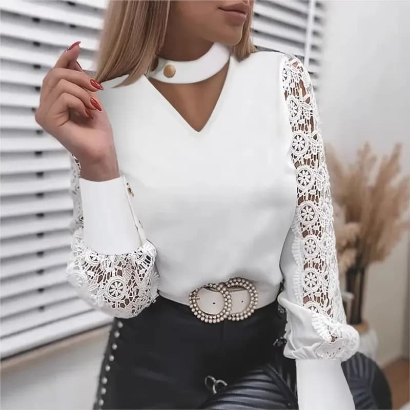 Elegante Camicetta da Ufficio Bianca con Inserti in Pizzo per Donne, Maniche Lunghe, Scollo a V, Design con Choker, Camicia Casual Larga, Top Traforato Tinta Unita