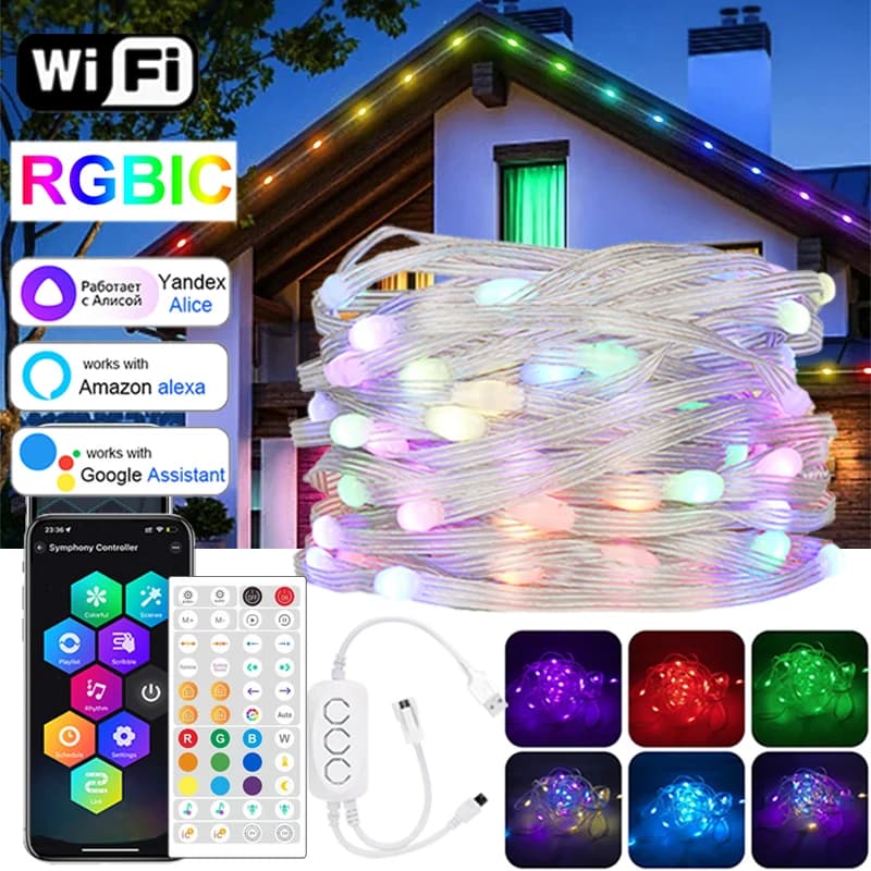 Luci a Stringa LED Bluetooth Wifi USB Impermeabili RGBIC per Decorazioni Festive, Luci Fatate da Giardino, Luci Natalizie 5V