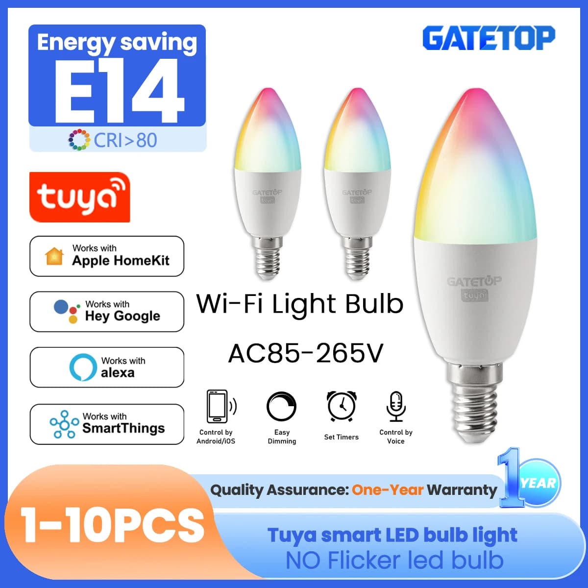 1-10PCS LED Candle Tuya Lampadina WiFi E14 Smart RGB CW AC 85-265V 6W LED Lamp C37 Lamps App Voice Control Support Alexa Google Home