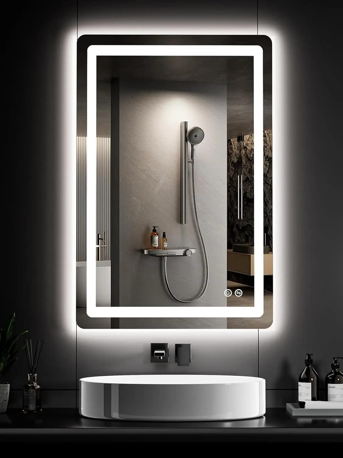 Specchio da Bagno LED 36x24 con Funzione Antiappannamento, Luci Dimmerabili, Memoria e Vetro Infrangibile